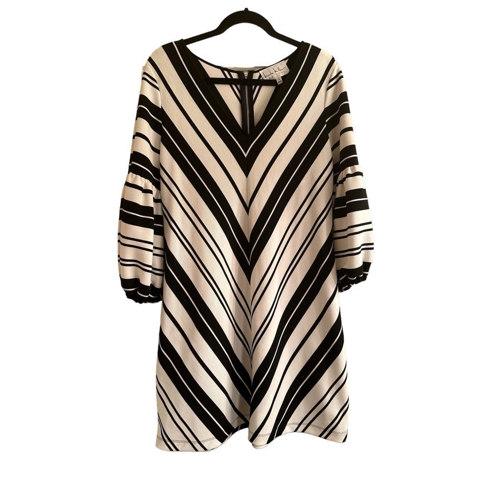 NICOLE Miller Women’s Balloon Sleeve Stretchy Chevron Print Dress Size 14